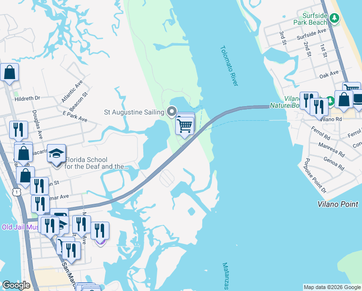 map of restaurants, bars, coffee shops, grocery stores, and more near 102 Yacht Club Drive in St. Augustine