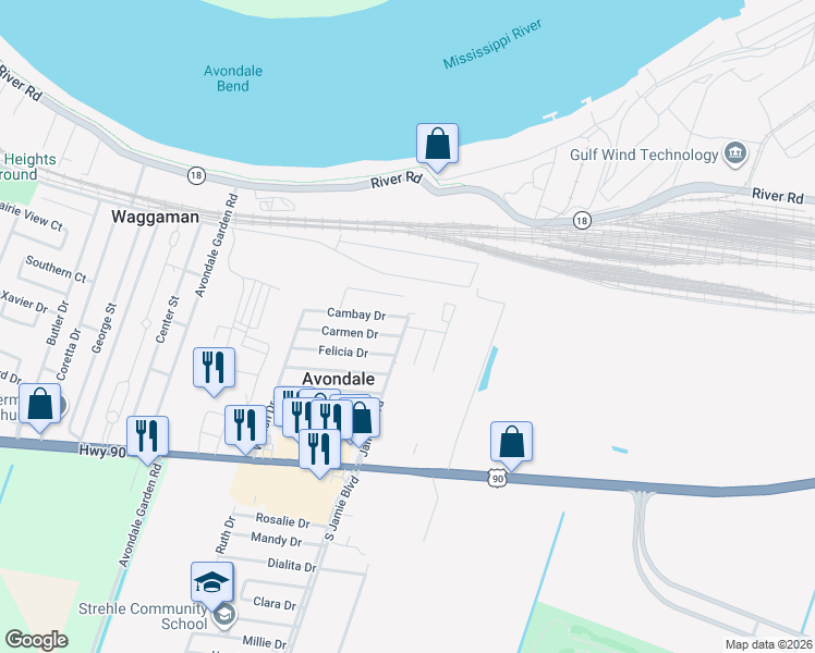map of restaurants, bars, coffee shops, grocery stores, and more near 332 Jamie Boulevard in Avondale