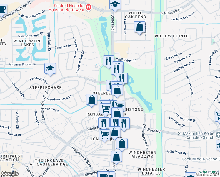 map of restaurants, bars, coffee shops, grocery stores, and more near 9715 Jones Road in Houston