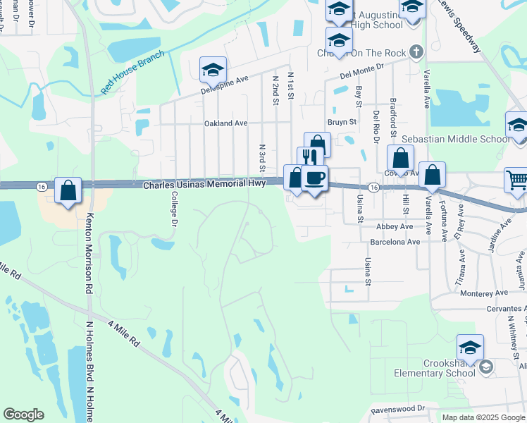 map of restaurants, bars, coffee shops, grocery stores, and more near 625 Fairway Drive in St. Augustine