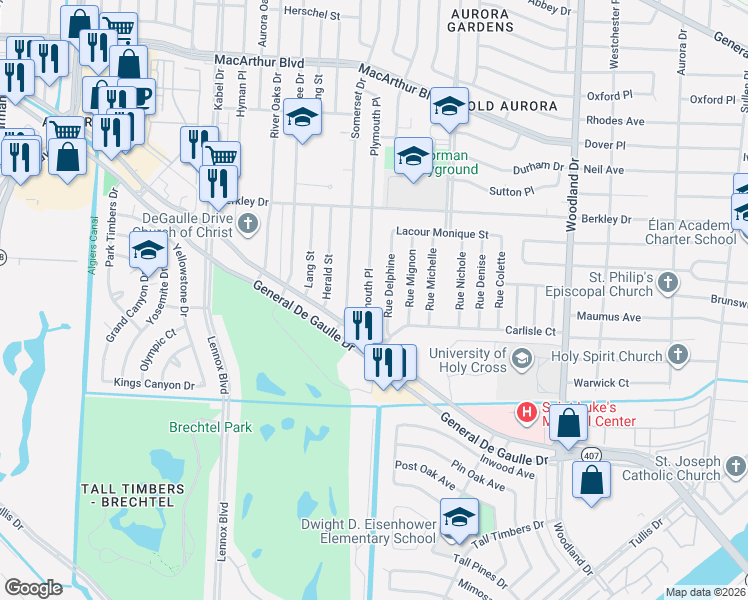 map of restaurants, bars, coffee shops, grocery stores, and more near 3710 Plymouth Place in New Orleans