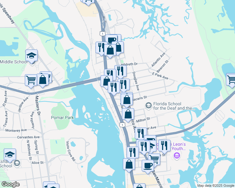 map of restaurants, bars, coffee shops, grocery stores, and more near 36 Grant Street in St. Augustine