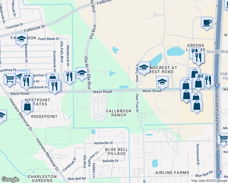 map of restaurants, bars, coffee shops, grocery stores, and more near 590 West Road in Houston