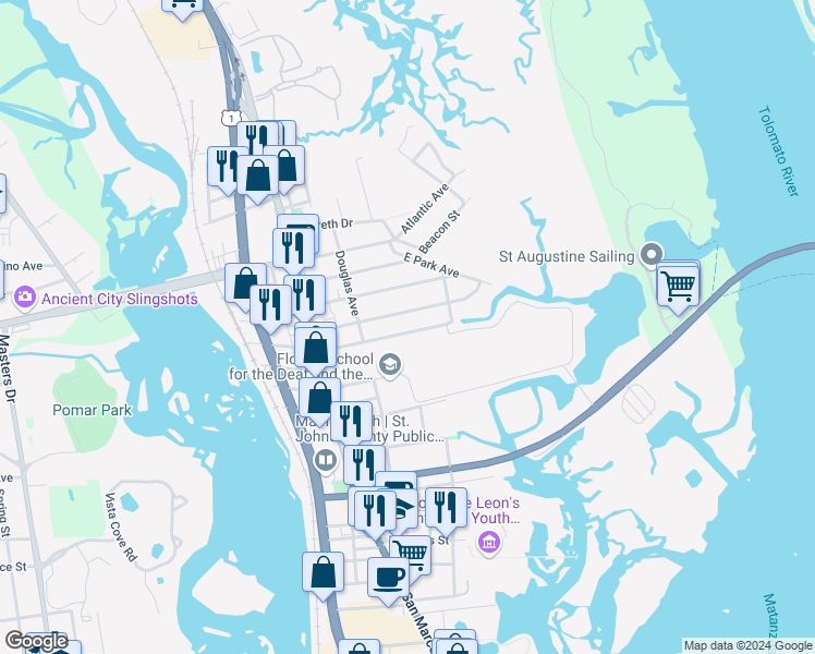 map of restaurants, bars, coffee shops, grocery stores, and more near 38 Macaris Street in St. Augustine