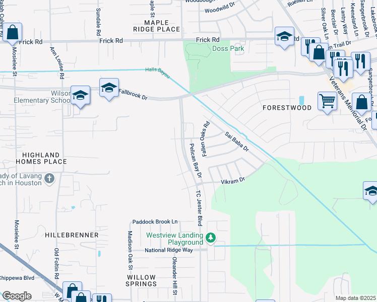 map of restaurants, bars, coffee shops, grocery stores, and more near 12715 Pelican Bay Drive in Houston