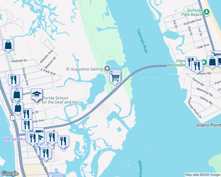 map of restaurants, bars, coffee shops, grocery stores, and more near 3114 Harbor Drive in Saint Augustine