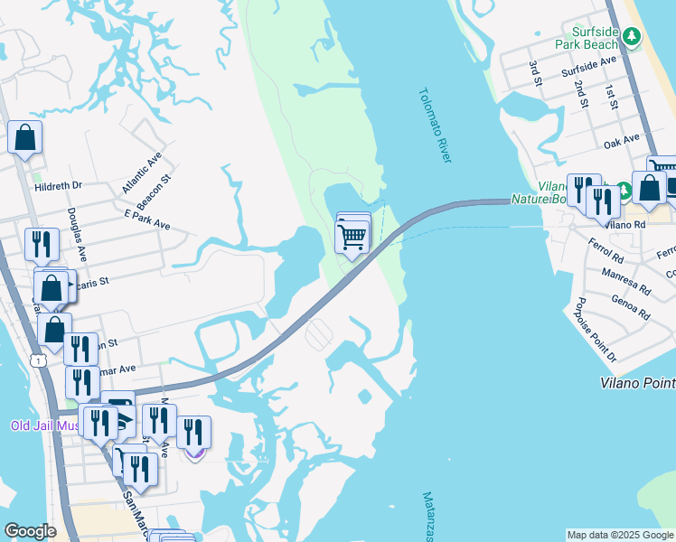 map of restaurants, bars, coffee shops, grocery stores, and more near 102 Yacht Club Drive in St. Augustine