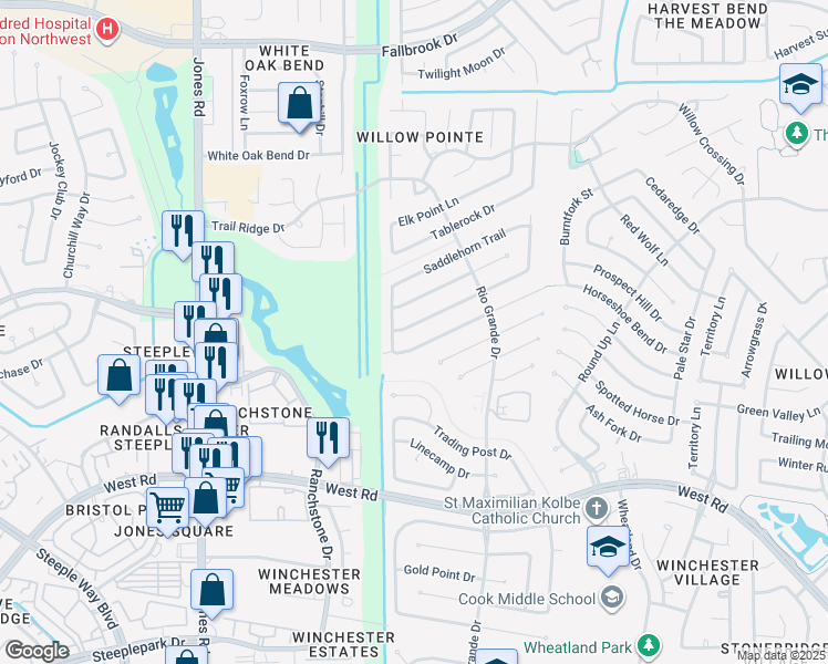map of restaurants, bars, coffee shops, grocery stores, and more near 10615 Prospect Hill Drive in Houston