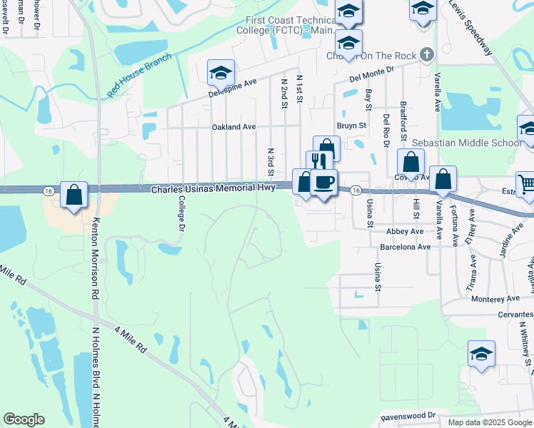 map of restaurants, bars, coffee shops, grocery stores, and more near 625 Fairway Drive in St. Augustine