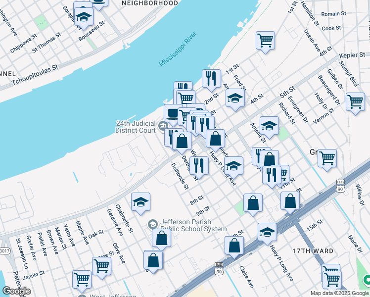 map of restaurants, bars, coffee shops, grocery stores, and more near 924 4th Street in Gretna