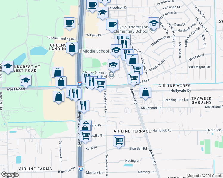 map of restaurants, bars, coffee shops, grocery stores, and more near 151 West Road in Houston