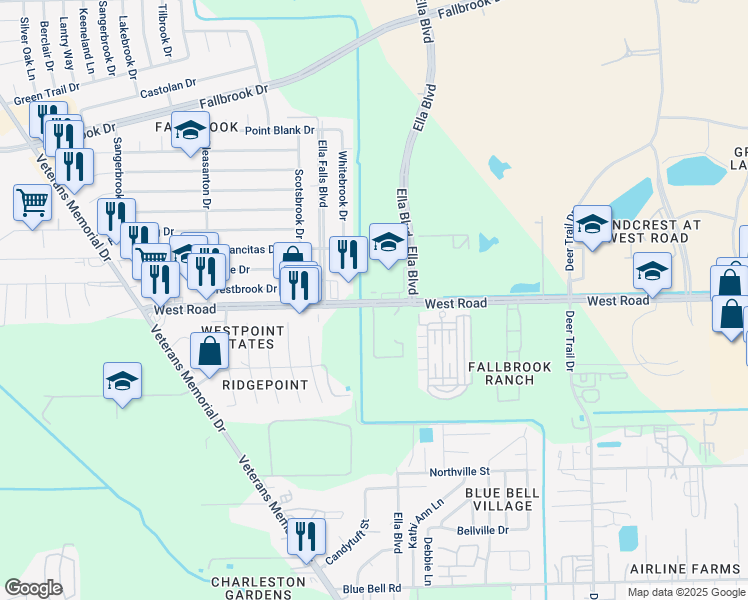 map of restaurants, bars, coffee shops, grocery stores, and more near 590-594 West Road in Houston