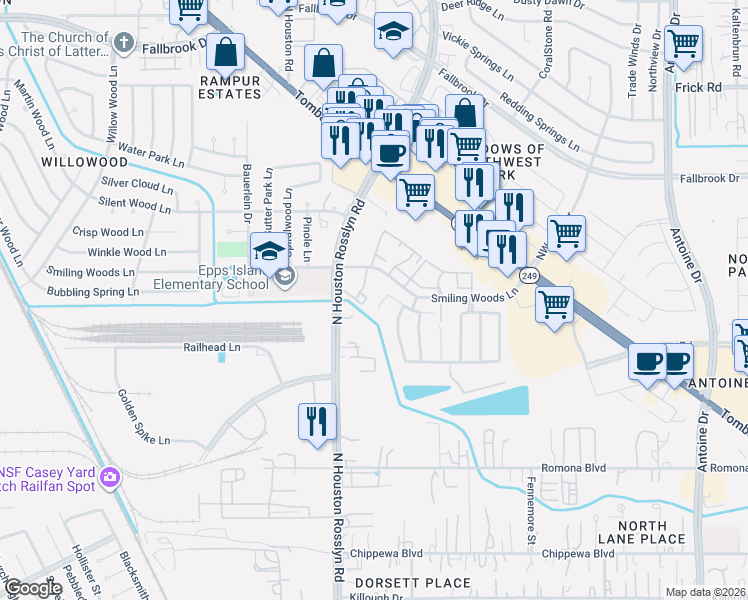 map of restaurants, bars, coffee shops, grocery stores, and more near 12603 Providence Cove Court in Houston
