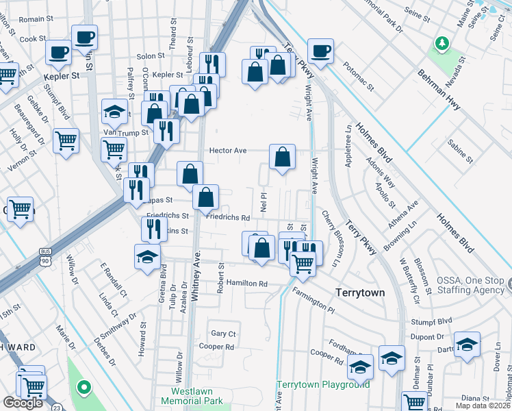 map of restaurants, bars, coffee shops, grocery stores, and more near 600 Nel Court in Gretna