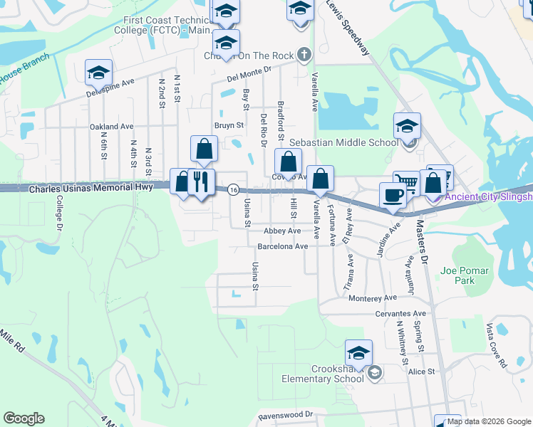 map of restaurants, bars, coffee shops, grocery stores, and more near 348 Saint George Avenue in St. Augustine