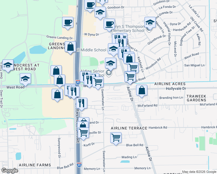 map of restaurants, bars, coffee shops, grocery stores, and more near 151 West Road in Houston
