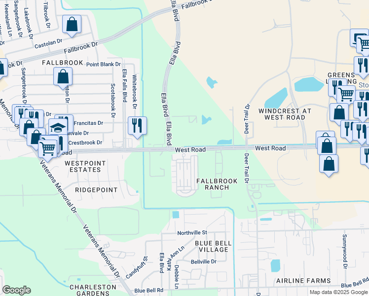 map of restaurants, bars, coffee shops, grocery stores, and more near 557 West Road in Houston