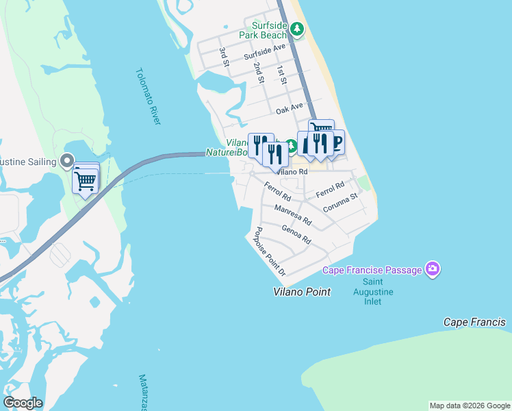 map of restaurants, bars, coffee shops, grocery stores, and more near 203 Porpoise Point Drive in St. Augustine