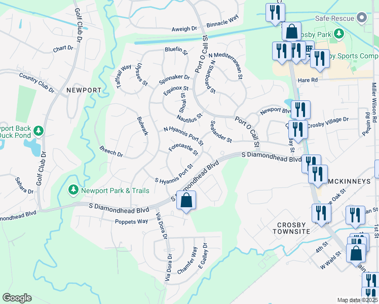 map of restaurants, bars, coffee shops, grocery stores, and more near 510 South Hyannis Port Street in Crosby