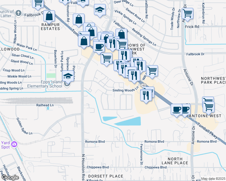 map of restaurants, bars, coffee shops, grocery stores, and more near 7151 Smiling Wood Lane in Houston