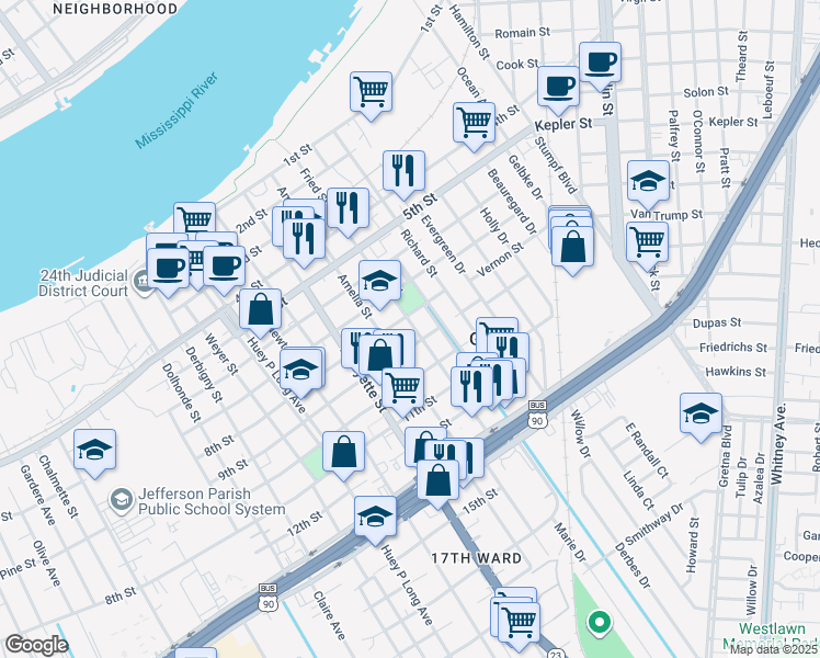 map of restaurants, bars, coffee shops, grocery stores, and more near 900 Fried Street in Gretna