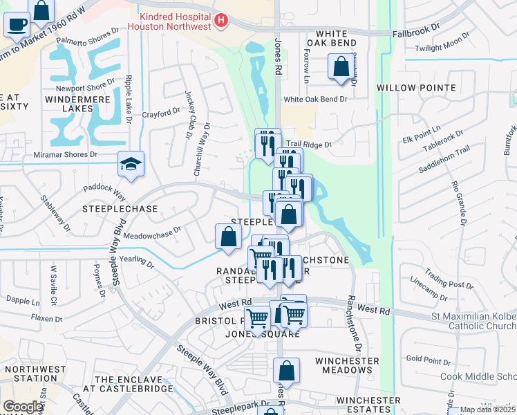 map of restaurants, bars, coffee shops, grocery stores, and more near 11119 Steeple Way Boulevard in Houston