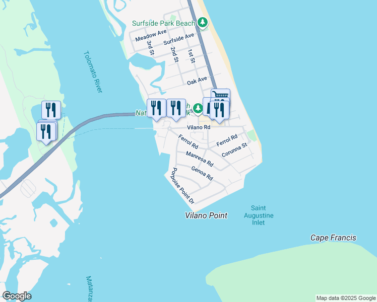 map of restaurants, bars, coffee shops, grocery stores, and more near 137 Manresa Road in St. Augustine