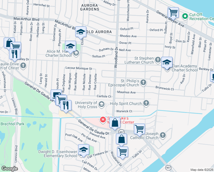 map of restaurants, bars, coffee shops, grocery stores, and more near 3700 Rue Andree in New Orleans