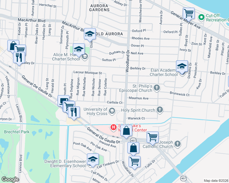 map of restaurants, bars, coffee shops, grocery stores, and more near 3700 Rue Andree in New Orleans