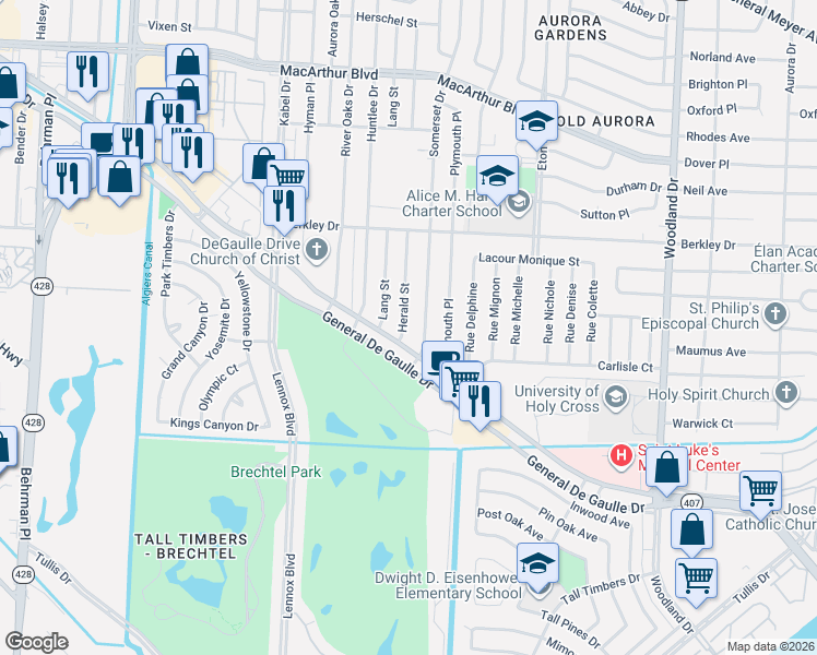map of restaurants, bars, coffee shops, grocery stores, and more near 3782 Herald Street in New Orleans