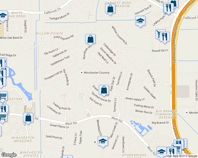 map of restaurants, bars, coffee shops, grocery stores, and more near 10051 Horseshoe Bend Drive in Houston