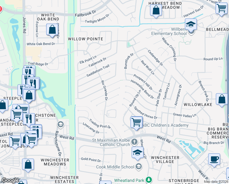 map of restaurants, bars, coffee shops, grocery stores, and more near 10306 Green Valley Lane in Houston