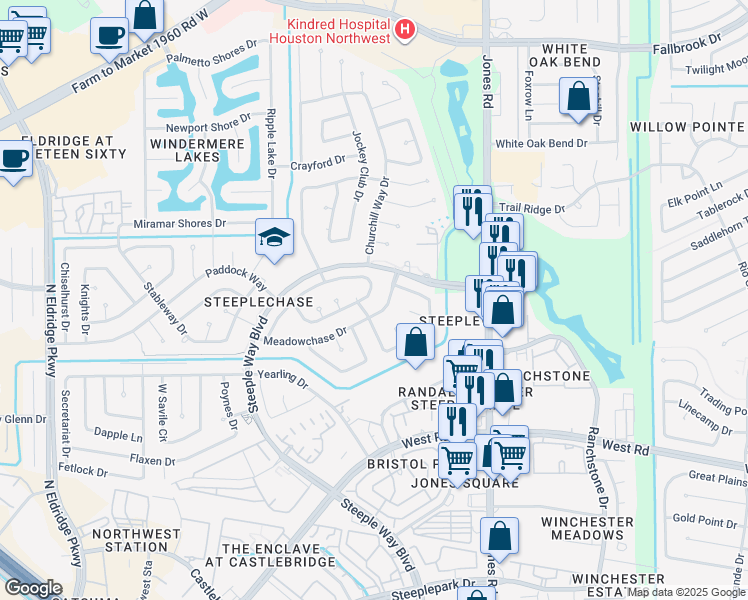 map of restaurants, bars, coffee shops, grocery stores, and more near 11403 Meadowchase Drive in Houston
