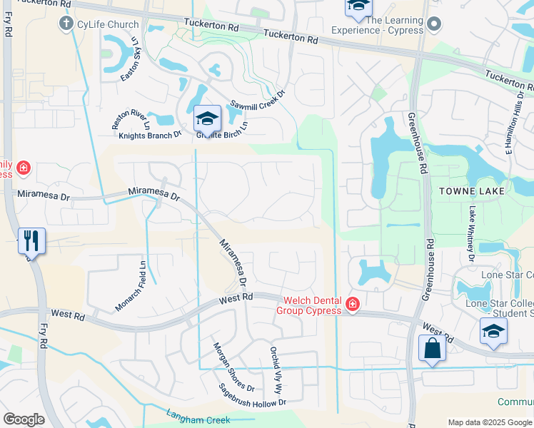 map of restaurants, bars, coffee shops, grocery stores, and more near 19935 Whistle Creek Lane in Cypress
