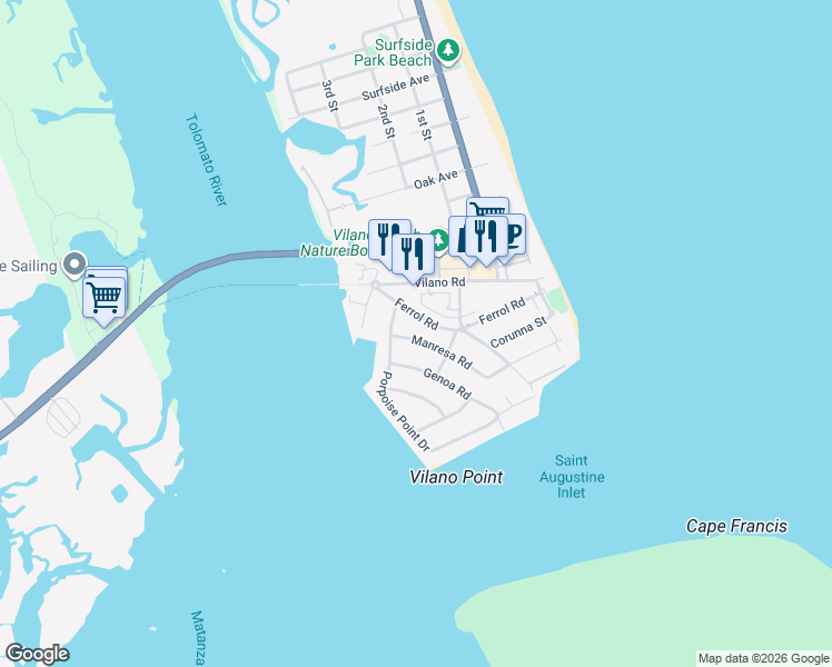 map of restaurants, bars, coffee shops, grocery stores, and more near 137 Manresa Road in St. Augustine