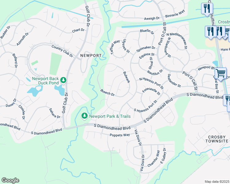 map of restaurants, bars, coffee shops, grocery stores, and more near 1011 Breech Drive in Crosby