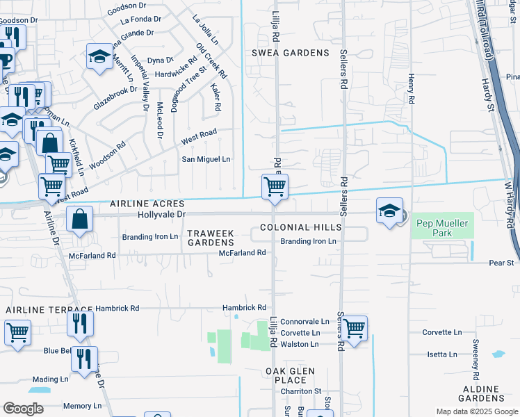 map of restaurants, bars, coffee shops, grocery stores, and more near 427 Hollyvale Drive in Houston