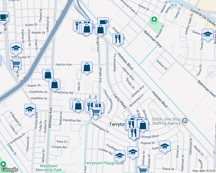 map of restaurants, bars, coffee shops, grocery stores, and more near 309c Cherry Blossom Lane in Terrytown