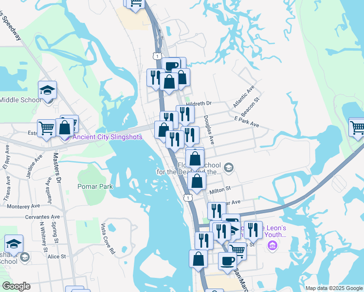 map of restaurants, bars, coffee shops, grocery stores, and more near 35 Grant Street in St. Augustine