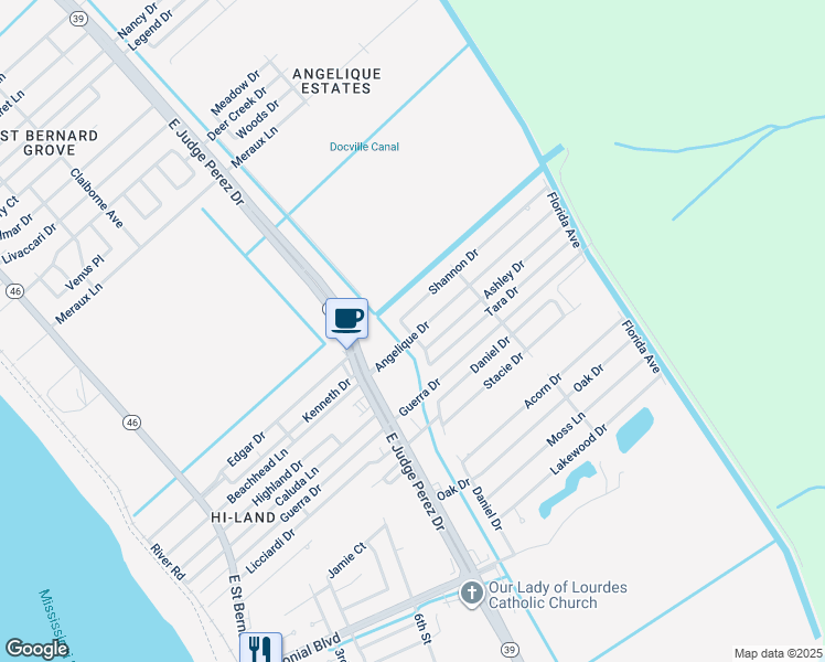 map of restaurants, bars, coffee shops, grocery stores, and more near 2801 Ashley Drive in Violet