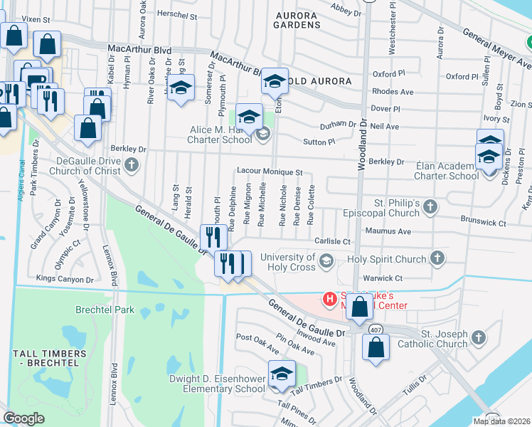 map of restaurants, bars, coffee shops, grocery stores, and more near 3710 Rue Michelle in New Orleans