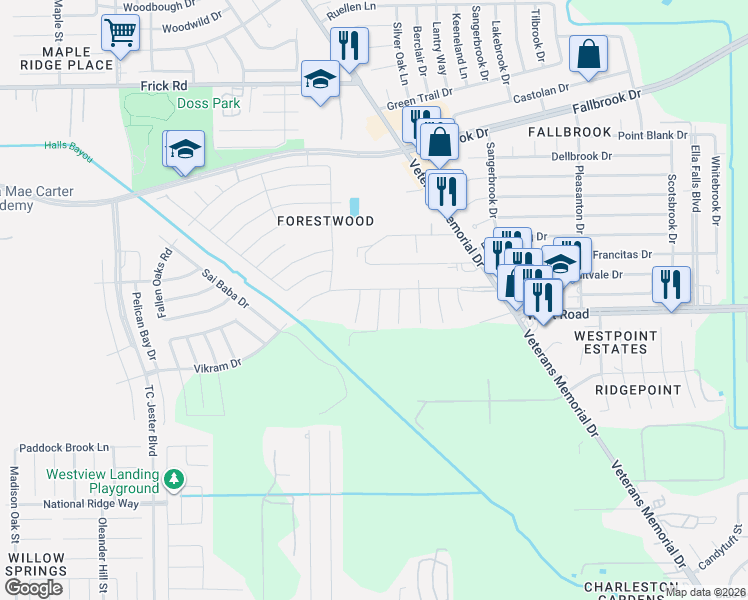map of restaurants, bars, coffee shops, grocery stores, and more near 12610 Lockbourne Drive in Houston
