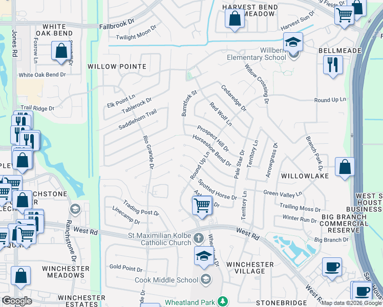 map of restaurants, bars, coffee shops, grocery stores, and more near 10110 Green Valley Lane in Houston