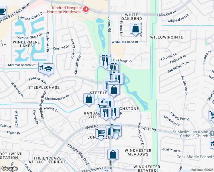 map of restaurants, bars, coffee shops, grocery stores, and more near 9715 Jones Road in Houston