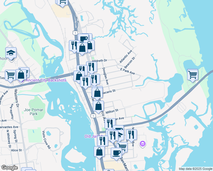 map of restaurants, bars, coffee shops, grocery stores, and more near 58 Douglas Avenue in St. Augustine