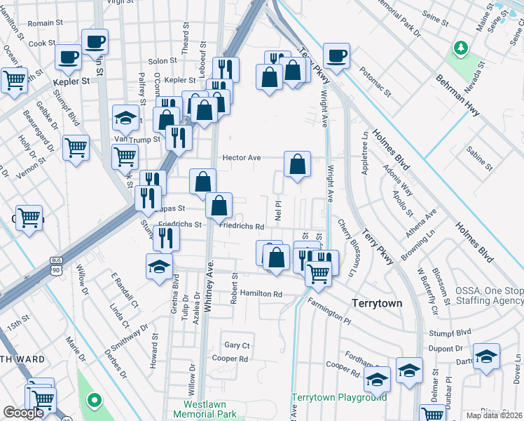 map of restaurants, bars, coffee shops, grocery stores, and more near 227 Fredericks Street in Gretna