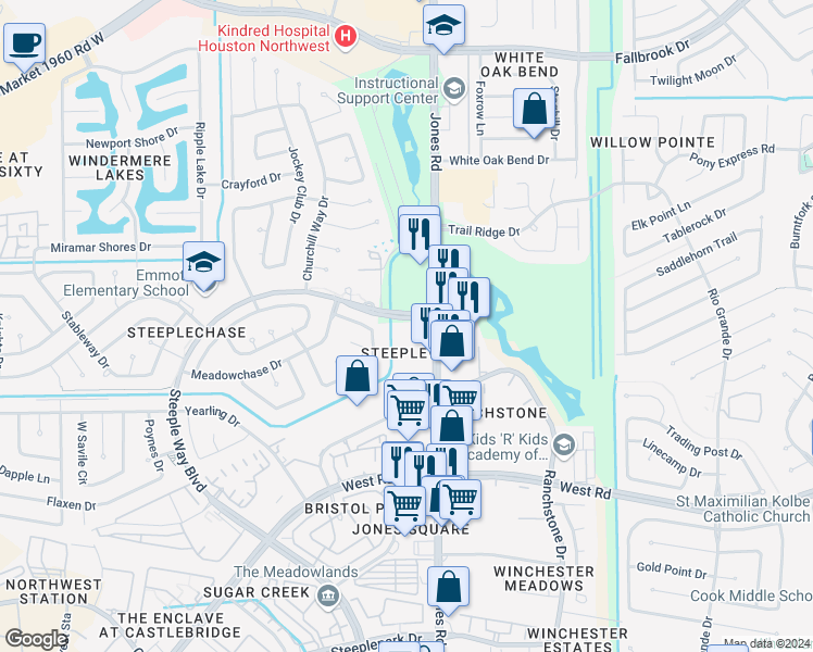 map of restaurants, bars, coffee shops, grocery stores, and more near 11119 Steeple Way Boulevard in Houston