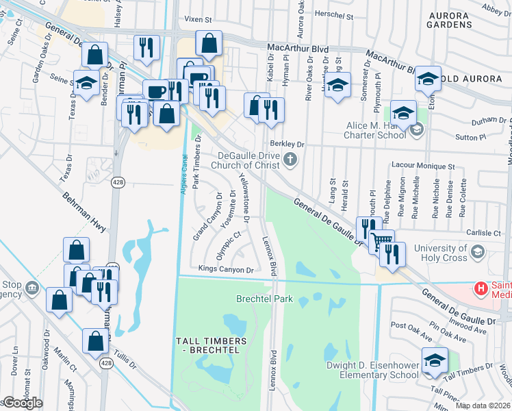 map of restaurants, bars, coffee shops, grocery stores, and more near 58 Yellowstone Drive in New Orleans