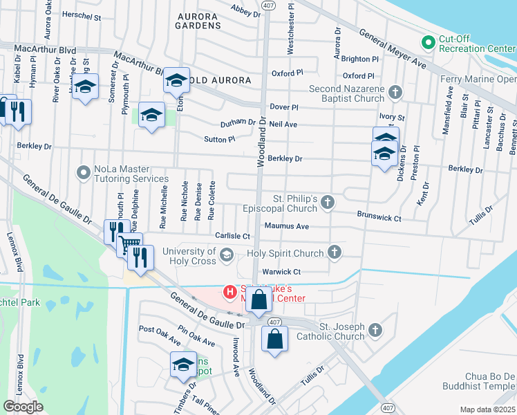 map of restaurants, bars, coffee shops, grocery stores, and more near Woodland Drive in New Orleans