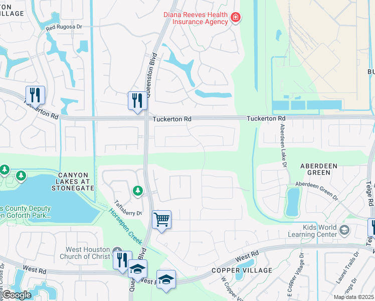 map of restaurants, bars, coffee shops, grocery stores, and more near 16775 Mammoth Springs Drive in Houston